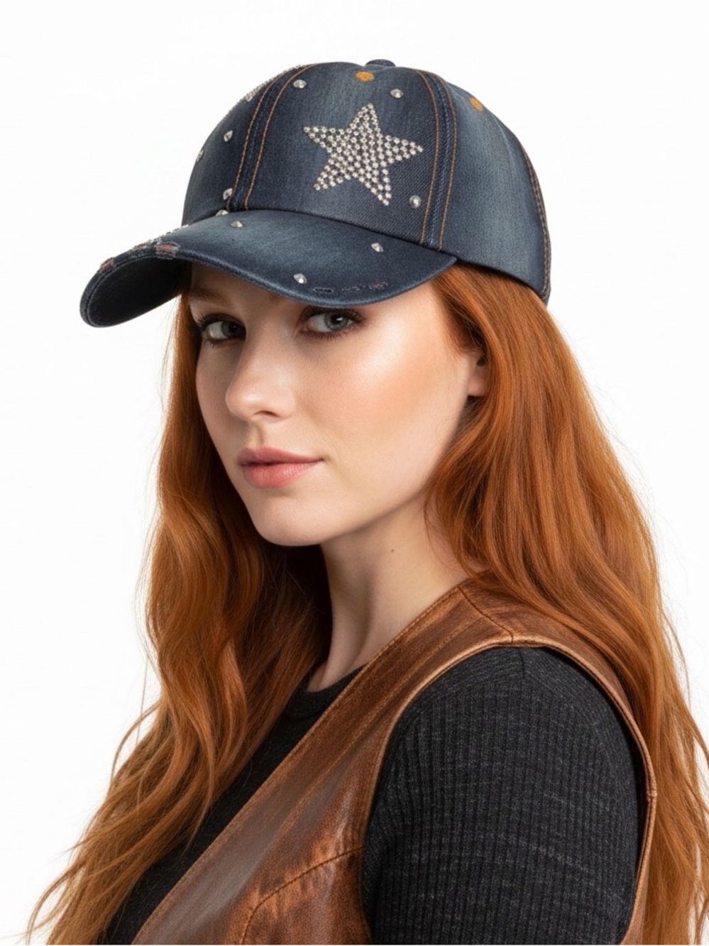 Studded Stars Denim Baseball Cap NWT Distressed Dark Blue
